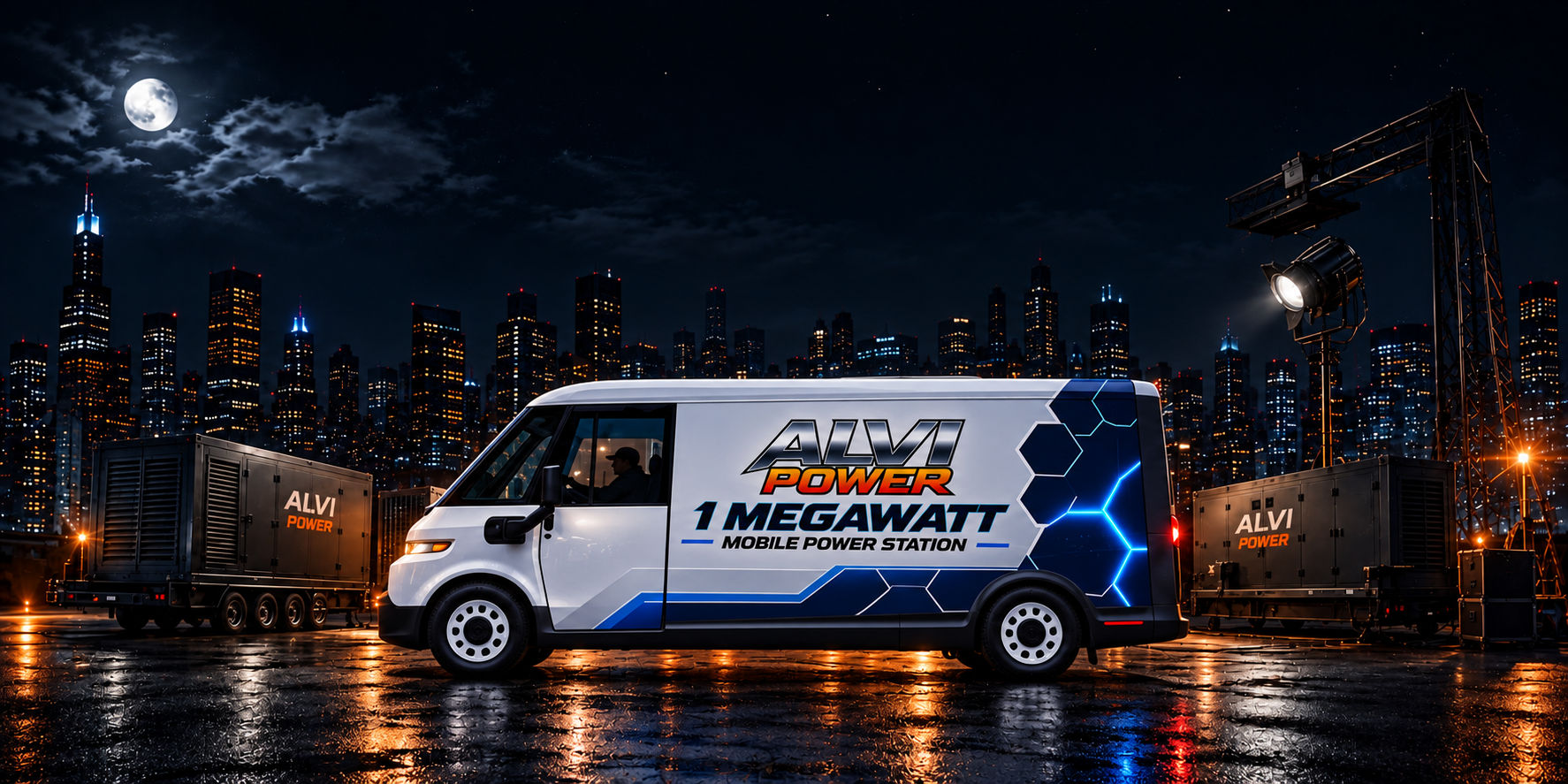 ALVI POWER mobile power-station van with generator trailers at night